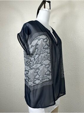 Sheer Black Short Sleeve Overlay Top with Snake-Print Panels Harve Bernard
